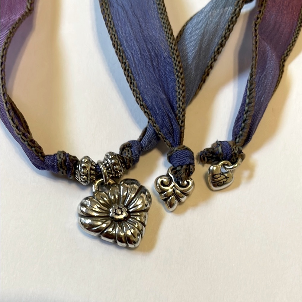 Brighton Silver Floral Heart Silk Ribbon Charm Necklace